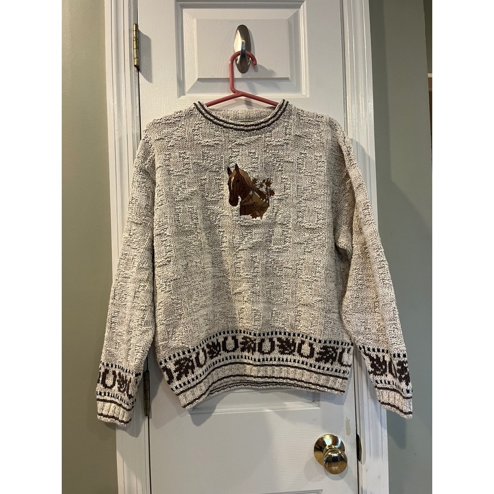 Shenandoah Vintage Horse Embroidered Knit Sweater Cream Brown Western Medium b3